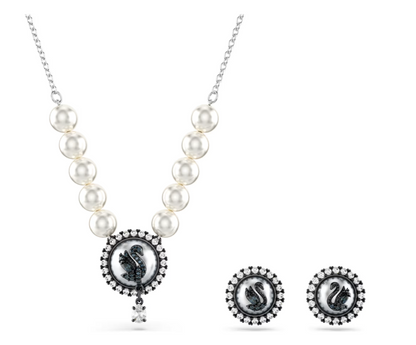 swarovski Swan set Crystal pearl, Swan, Gray, Rhodium plated