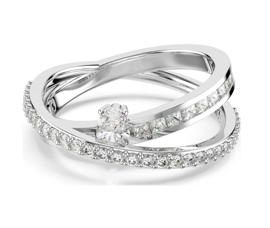 Hyperbola ring Mixed cuts, White, Rhodium plated